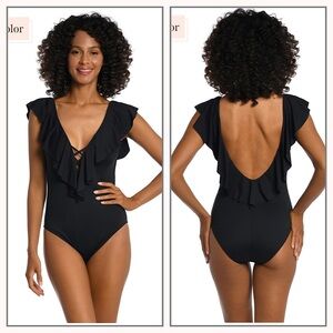 La Blanca Island Goddess Over The Shoulder Ruffle Plunge One Piece swimsuit Sz 6